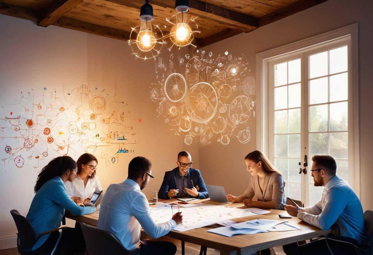 A bright, open door symbolizing opportunity with rays of light spilling in, surrounded by abstract gears and light bulbs representing innovative strategies. In the foreground, a diverse group of professionals brainstorming around a table cluttered with charts and digital devices, excitedly sharing insights. The atmosphere should feel inspiring and collaborative, conveying a sense of unlocking potential. vibrant colors. modern design.
