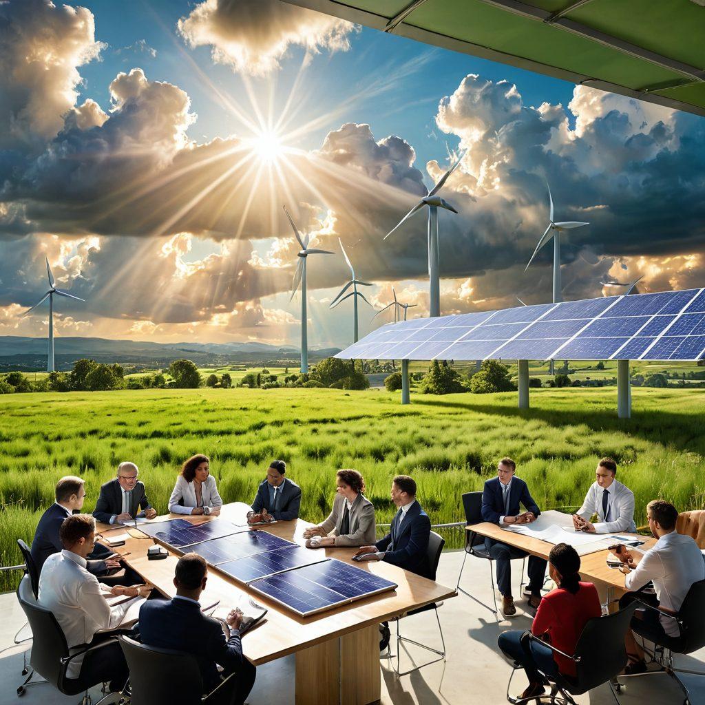 A serene landscape depicting a thriving green valley, juxtaposed with modern infrastructure like solar panels and wind turbines. In the foreground, a diverse group of professionals engage in a brainstorming session around a table filled with sustainable projects. Soft rays of sunlight break through clouds, symbolizing hope and growth. vibrant colors. 3D effect. nature-inspired.