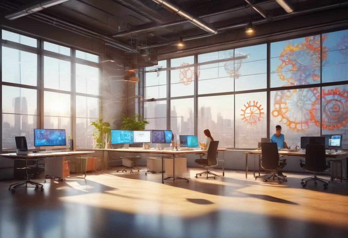 A modern office setting bustling with diverse professionals collaborating over cutting-edge technology, showcasing innovative products and brainstorming ideas on digital screens. Vibrant light pouring in through large windows, symbolizing creativity and inspiration. Include elements like gears, lightbulbs, and charts subtly integrated into the background, representing growth and innovation. super-realistic. vibrant colors. 3D.